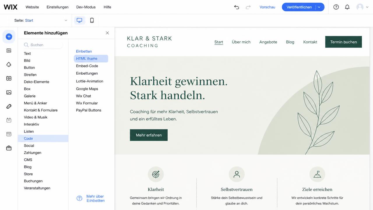 Wix-Editor: Geöffnetes Menü „Elemente hinzufügen“ mit hervorgehobenem Eintrag „HTML iframe“ unter „Einbetten“
